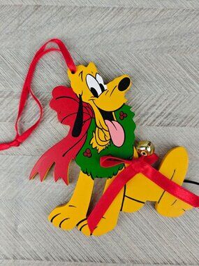 Vintage Disney Pluto Wooden Christmas Ornament Bow Wreath 1980s